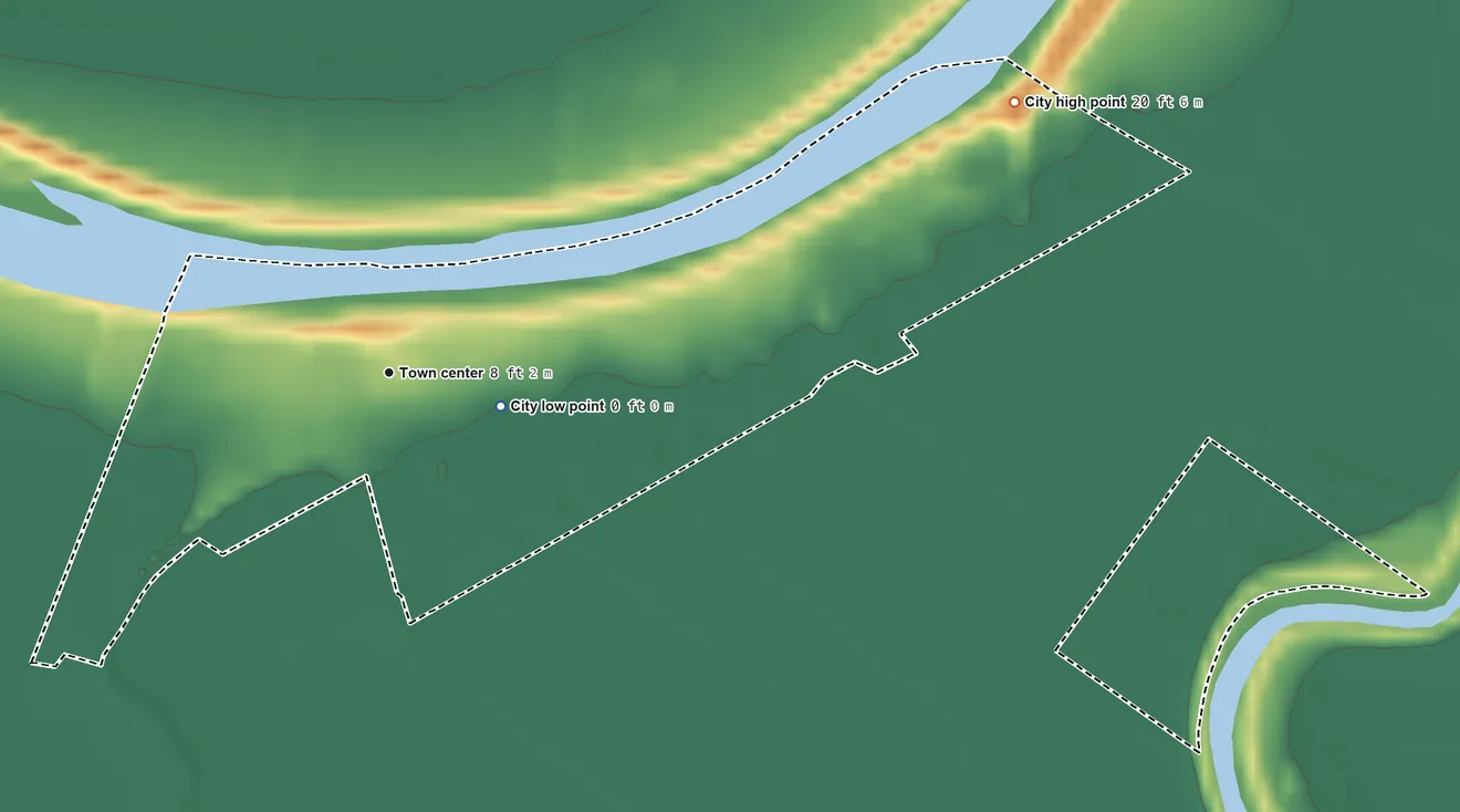Topographic elevation map of Isleton, California, shaded from 0 ft near the middle to 20 ft on the northeast side
