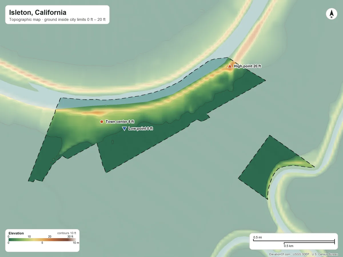 Topographic elevation map of Isleton, California, shaded from 0 ft near the middle to 20 ft on the northeast side