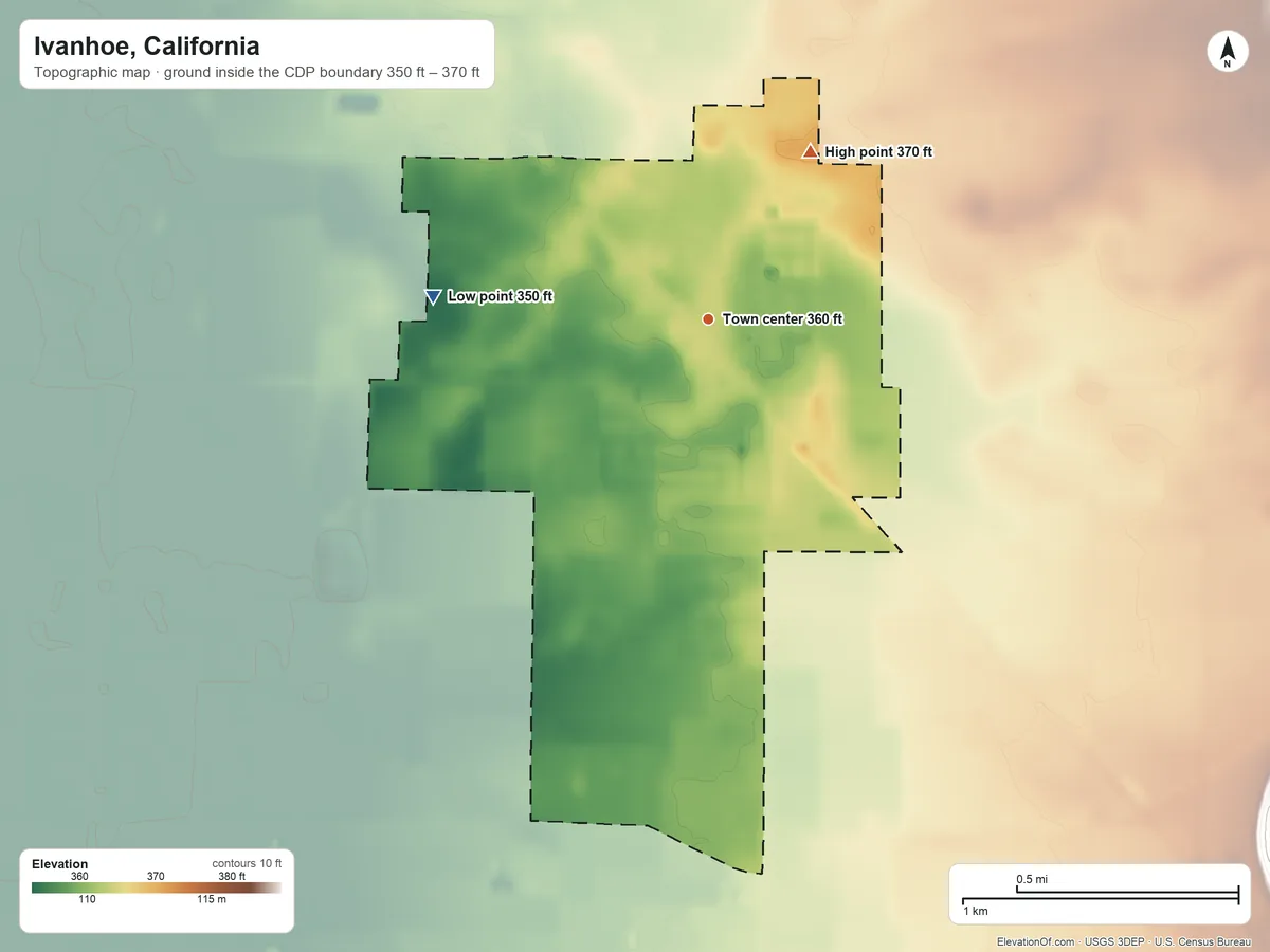 Topographic elevation map of Ivanhoe, California, shaded from 350 ft on the west side to 370 ft on the northeast side