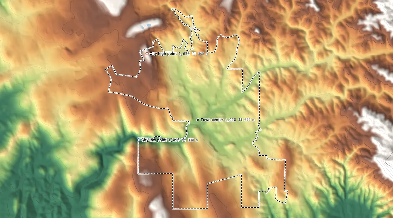 Topographic elevation map of Jackson, California, shaded from 1,090 ft on the west side to 1,650 ft on the northwest side