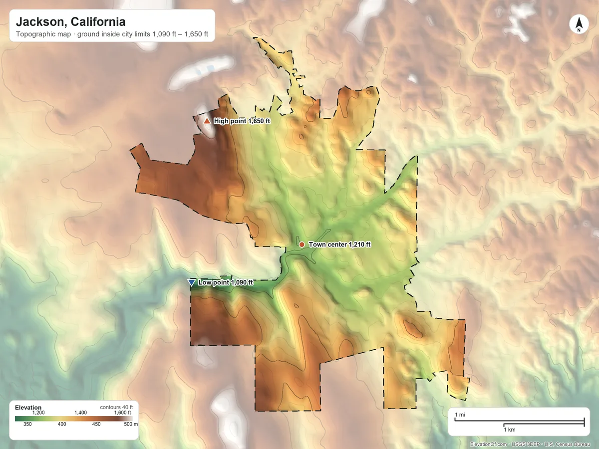 Topographic elevation map of Jackson, California, shaded from 1,090 ft on the west side to 1,650 ft on the northwest side