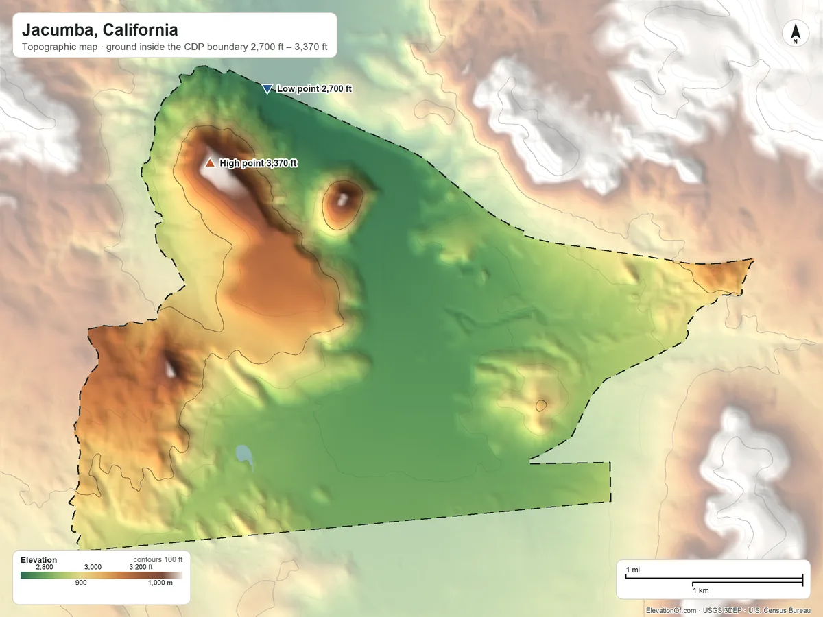 Topographic elevation map of Jacumba, California, shaded from 2,700 ft on the north side to 3,370 ft at the foot of the Jacumba Mountains
