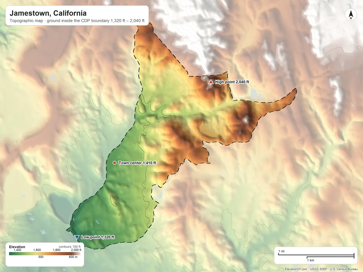 Topographic elevation map of Jamestown, California, shaded from 1,320 ft on the southwest side to 2,040 ft at the foot of the Red Hills