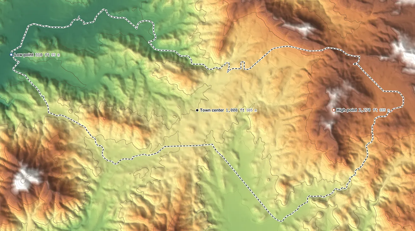 Topographic elevation map of Jamul, California, shaded from 310 ft on the west side to 2,270 ft on the east side
