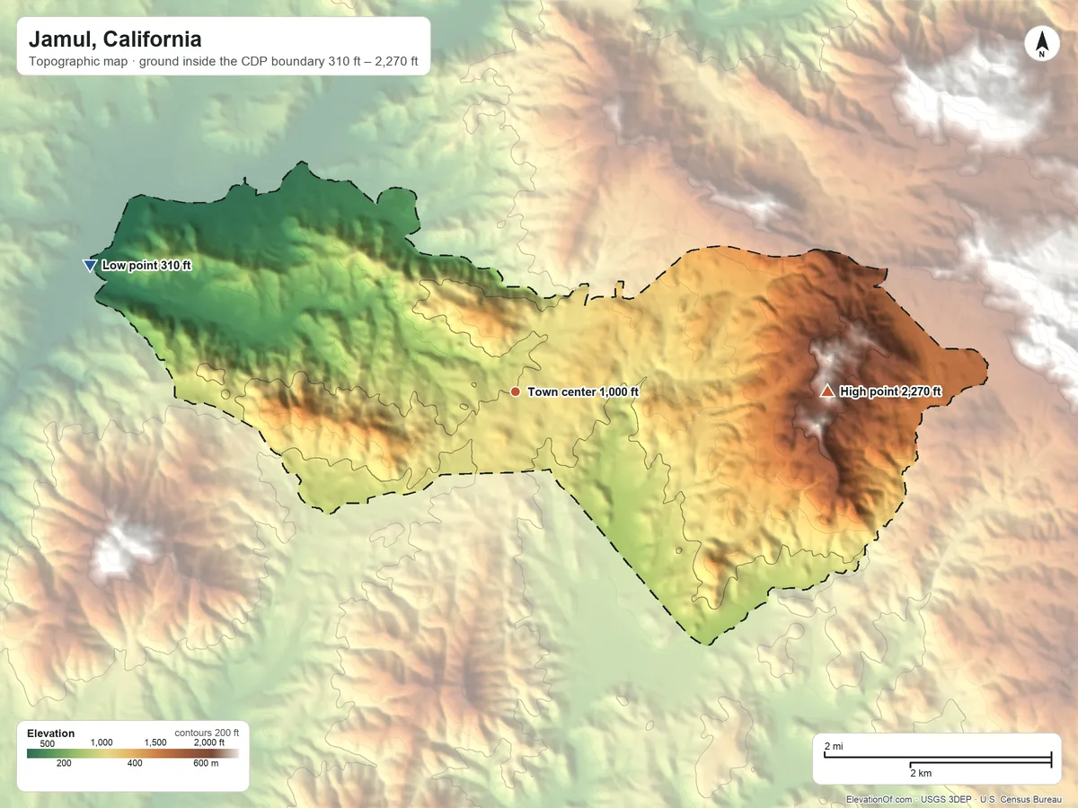 Topographic elevation map of Jamul, California, shaded from 310 ft on the west side to 2,270 ft on the east side