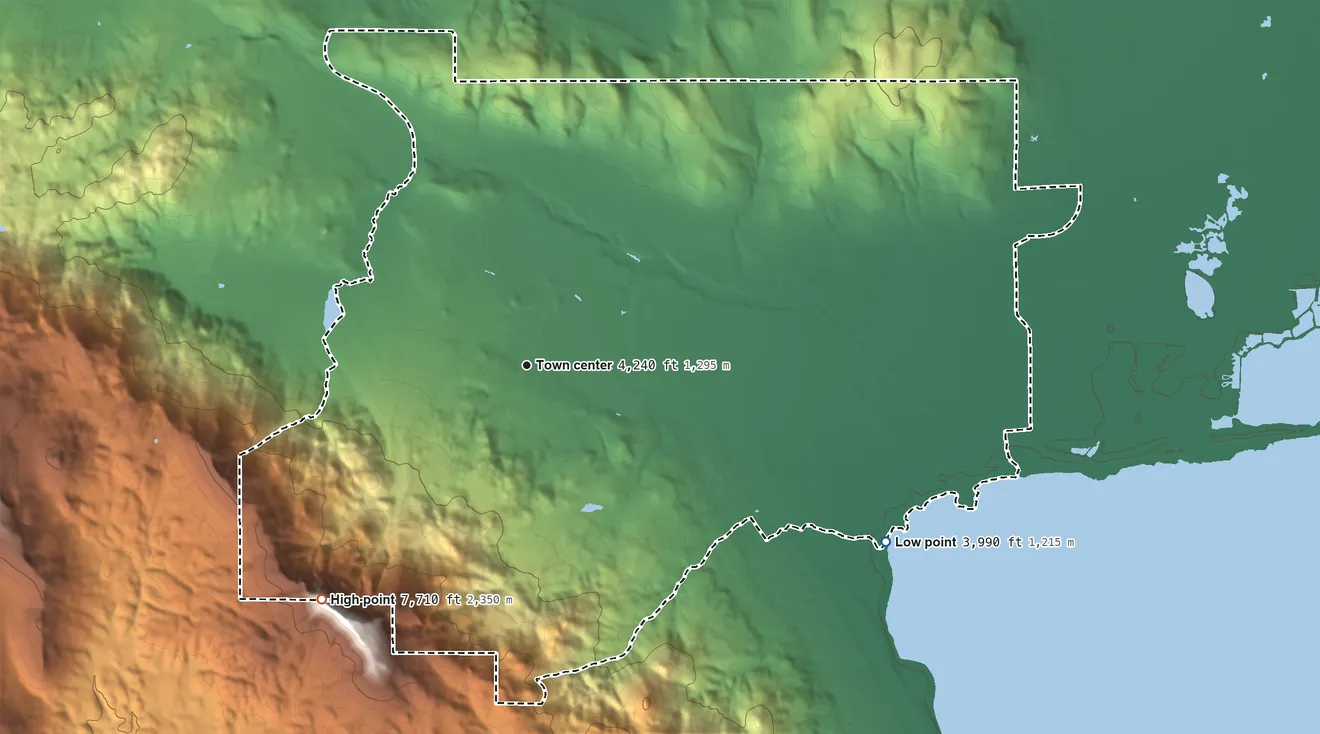 Topographic elevation map of Janesville, California, shaded from 3,990 ft on the southeast side to 7,710 ft on the southwest side