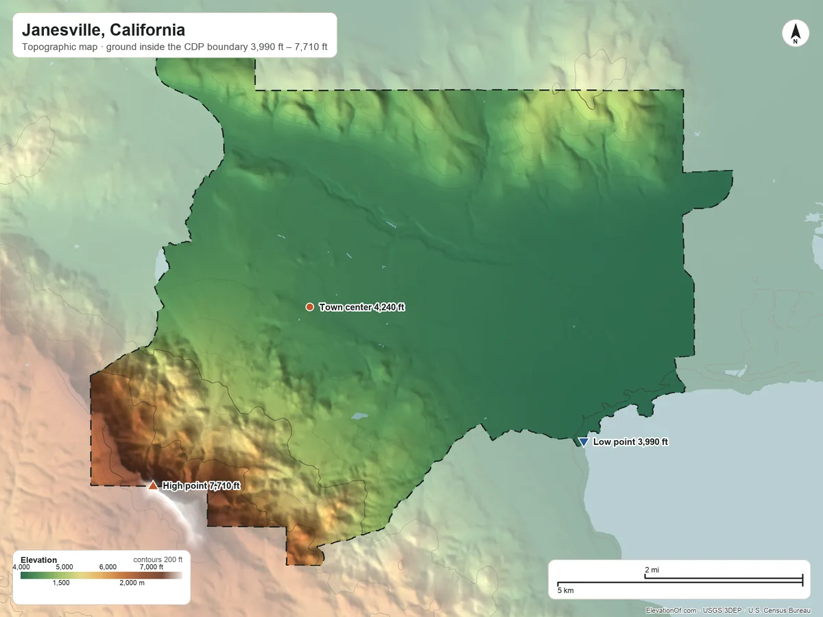Topographic elevation map of Janesville, California, shaded from 3,990 ft on the southeast side to 7,710 ft on the southwest side