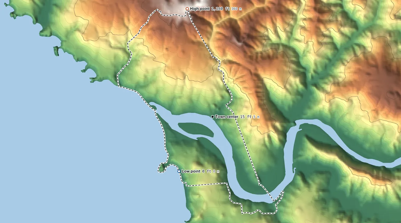 Topographic elevation map of Jenner, California, shaded from sea level level on the Pacific Ocean to 1,180 ft on the north edge, below higher ground just outside