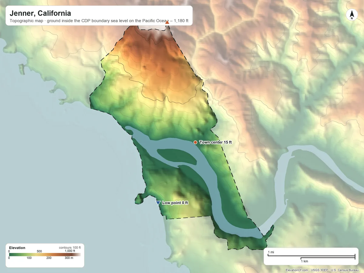 Topographic elevation map of Jenner, California, shaded from sea level level on the Pacific Ocean to 1,180 ft on the north edge, below higher ground just outside