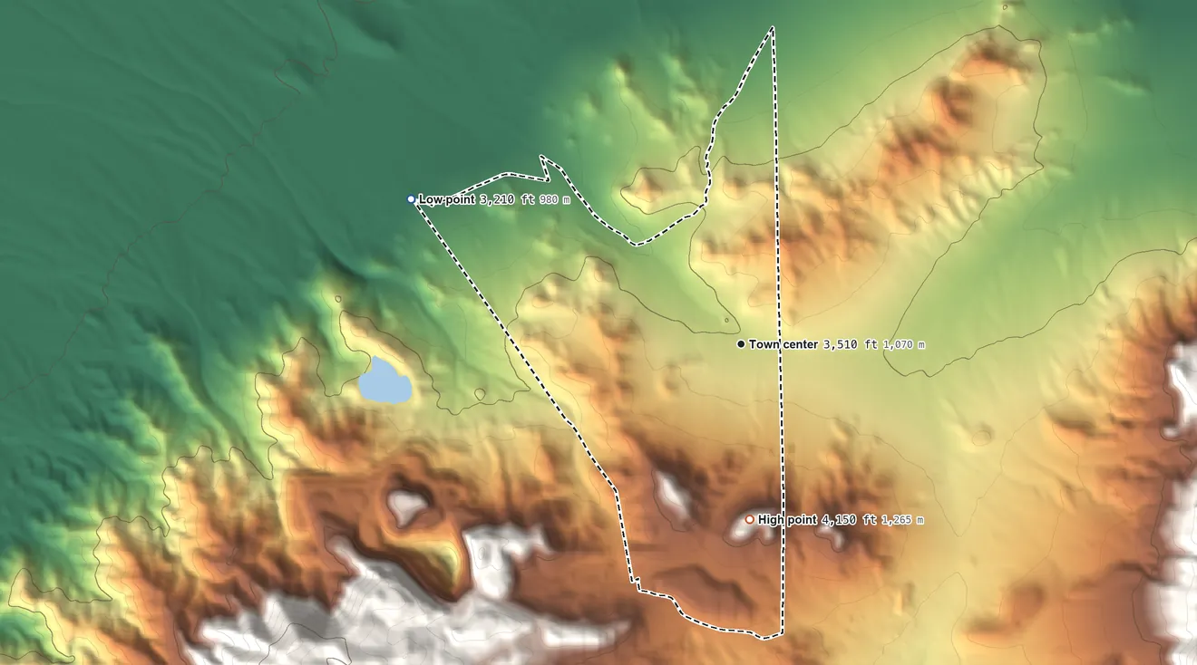Topographic elevation map of Johannesburg, California, shaded from 3,210 ft on the northwest side to 4,150 ft at the foot of the Rand Mountains