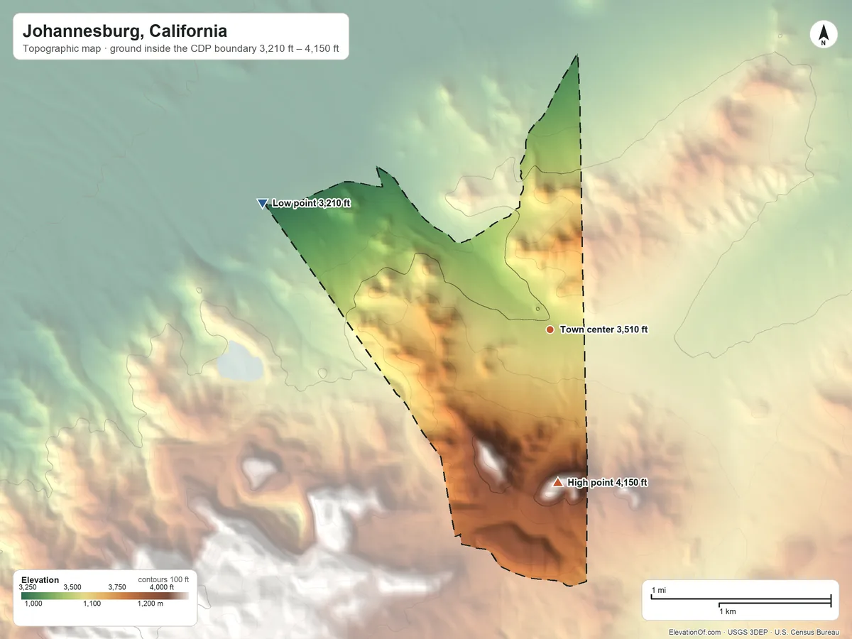 Topographic elevation map of Johannesburg, California, shaded from 3,210 ft on the northwest side to 4,150 ft at the foot of the Rand Mountains