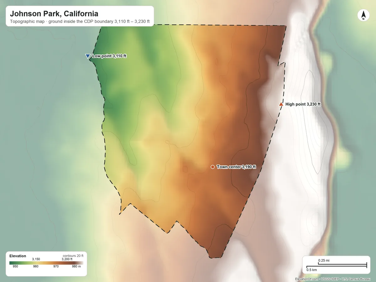 Topographic elevation map of Johnson Park, California, shaded from 3,110 ft on the northwest side to 3,230 ft on the northeast edge, below higher ground just outside