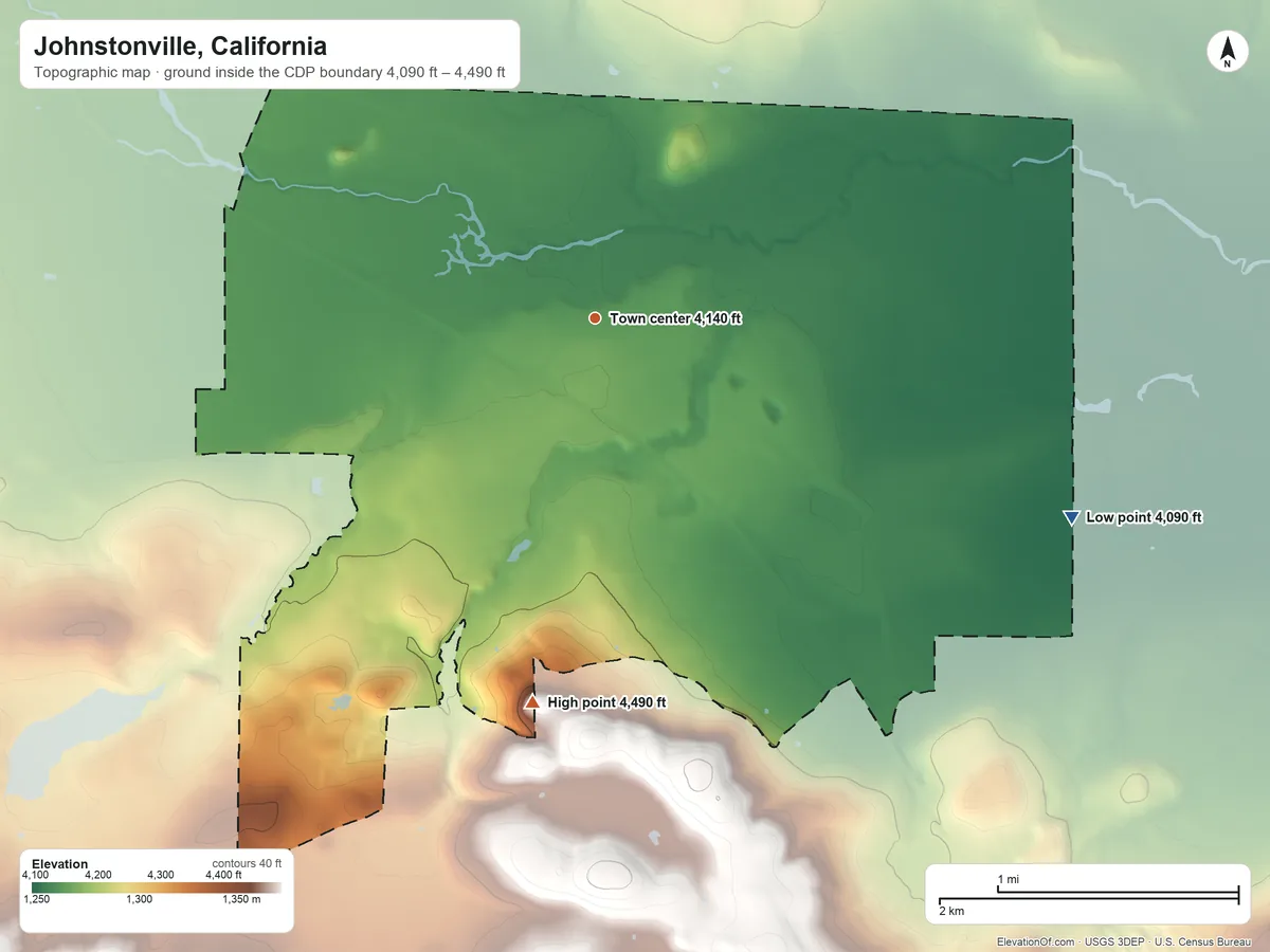 Topographic elevation map of Johnstonville, California, shaded from 4,090 ft on the southeast side to 4,490 ft on the south edge, below higher ground just outside