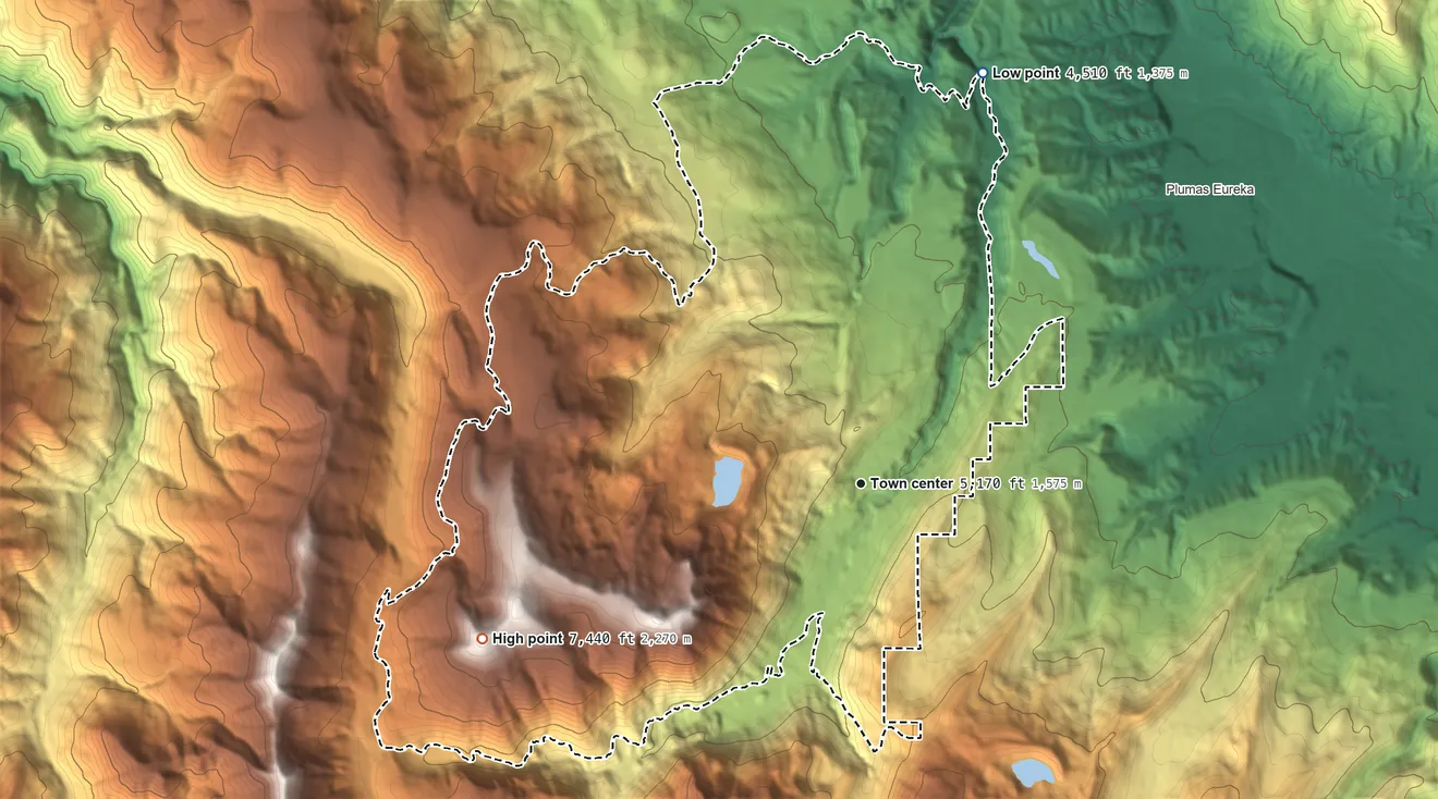 Topographic elevation map of Johnsville, California, shaded from 4,510 ft on the north side to 7,440 ft on the west side
