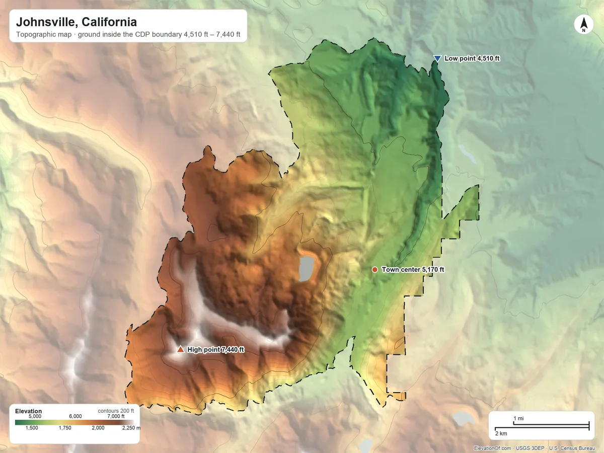 Topographic elevation map of Johnsville, California, shaded from 4,510 ft on the north side to 7,440 ft on the west side