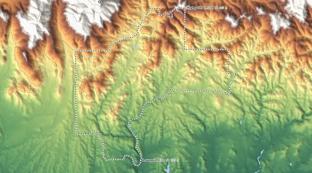 Topographic elevation map of Jones Valley, California, shaded from 610 ft on the south side to 1,520 ft on the northeast edge, below higher ground just outside