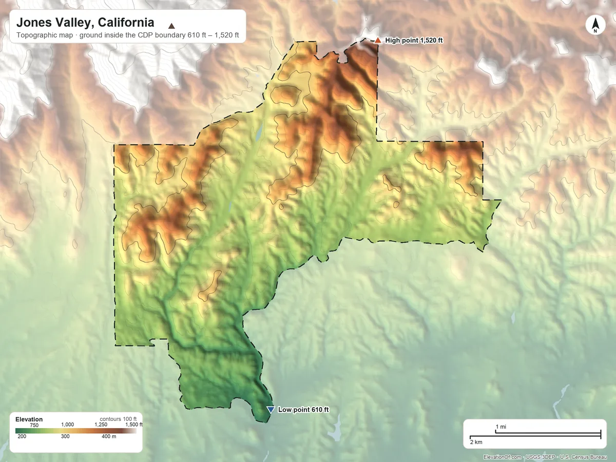 Topographic elevation map of Jones Valley, California, shaded from 610 ft on the south side to 1,520 ft on the northeast edge, below higher ground just outside