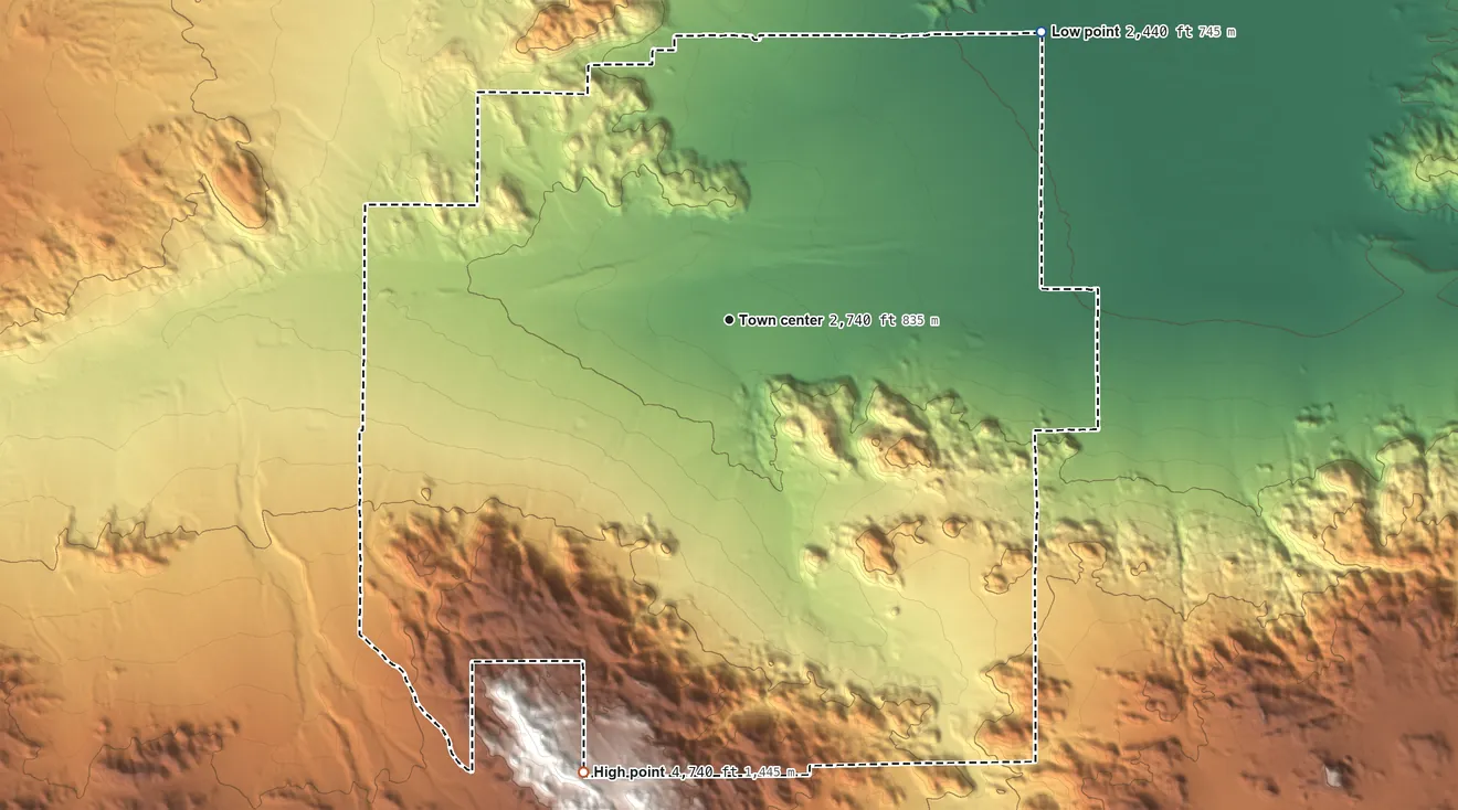 Topographic elevation map of Joshua Tree, California, shaded from 2,440 ft on the northeast side to 4,740 ft on the south side