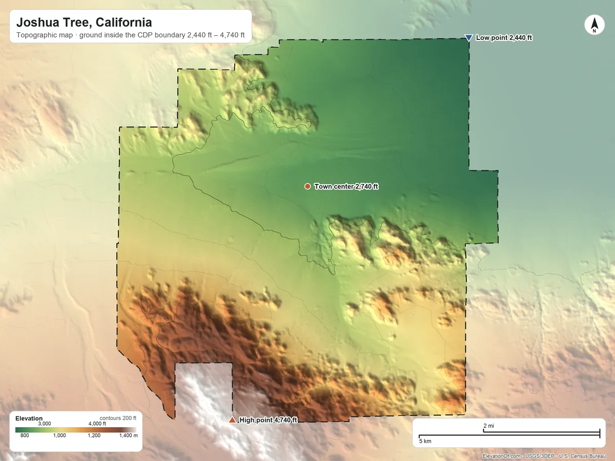 Topographic elevation map of Joshua Tree, California, shaded from 2,440 ft on the northeast side to 4,740 ft on the south side