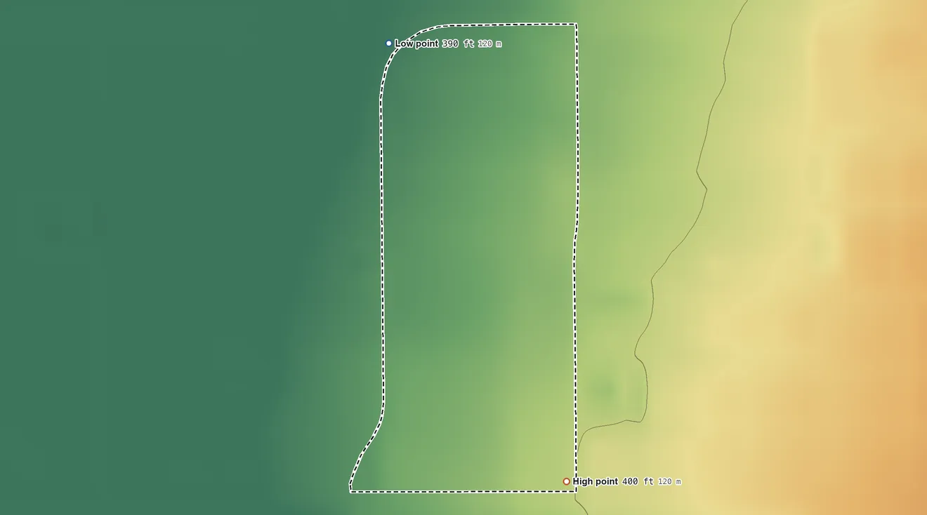 Topographic elevation map of Jovista, California, shaded from 390 ft on the north side to 400 ft on the south side