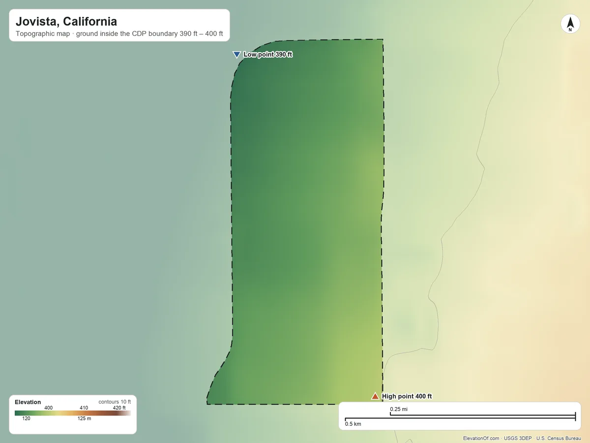 Topographic elevation map of Jovista, California, shaded from 390 ft on the north side to 400 ft on the south side