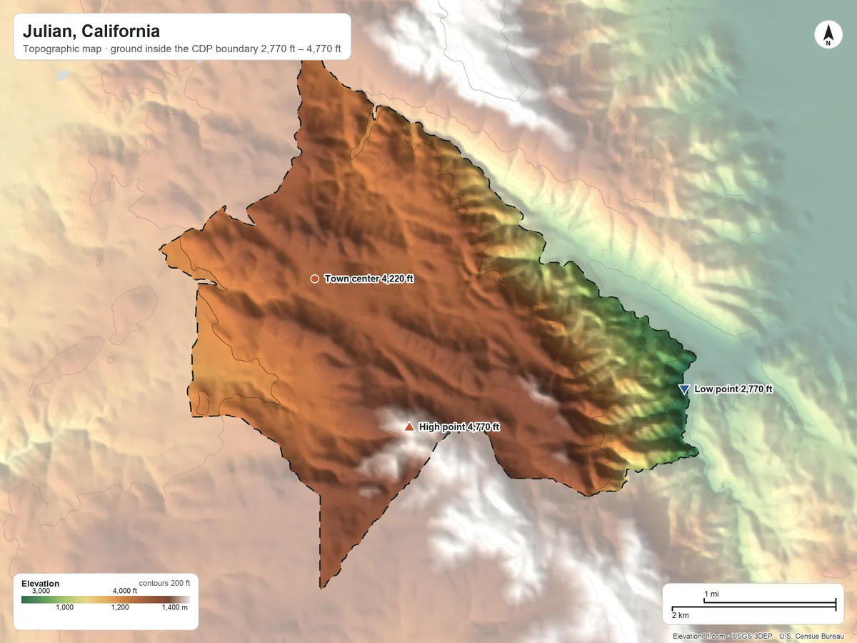 Topographic elevation map of Julian, California, shaded from 2,770 ft on the east side to 4,770 ft on the southeast side