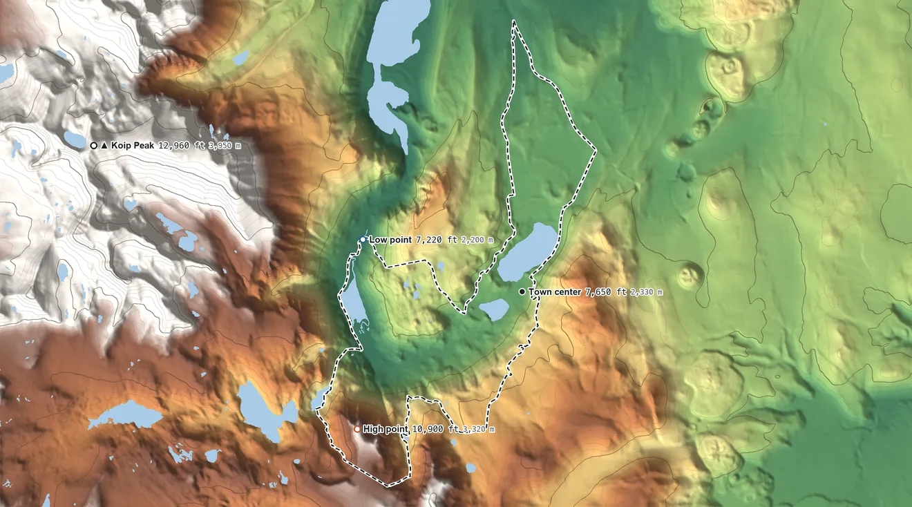 Topographic elevation map of June Lake, California, shaded from 7,220 ft on the west side to 10,900 ft on Carson Peak