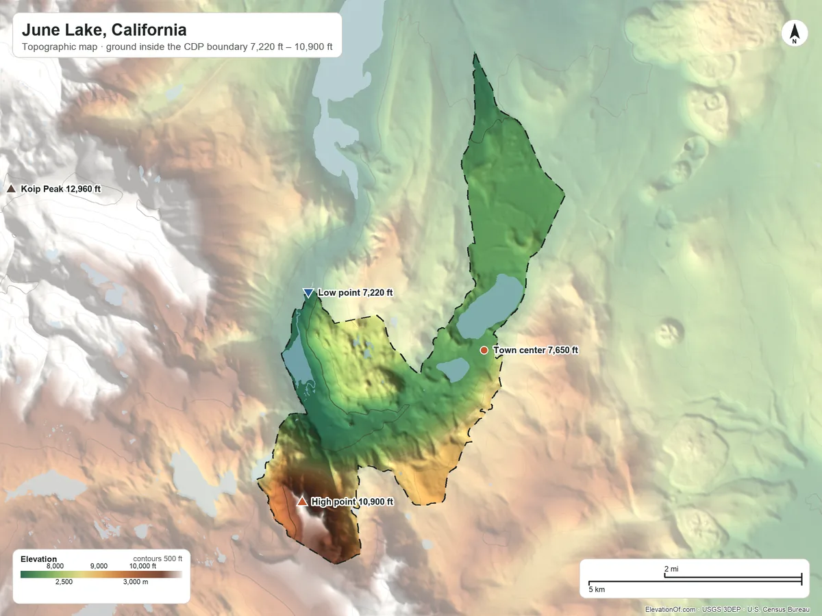 Topographic elevation map of June Lake, California, shaded from 7,220 ft on the west side to 10,900 ft on Carson Peak