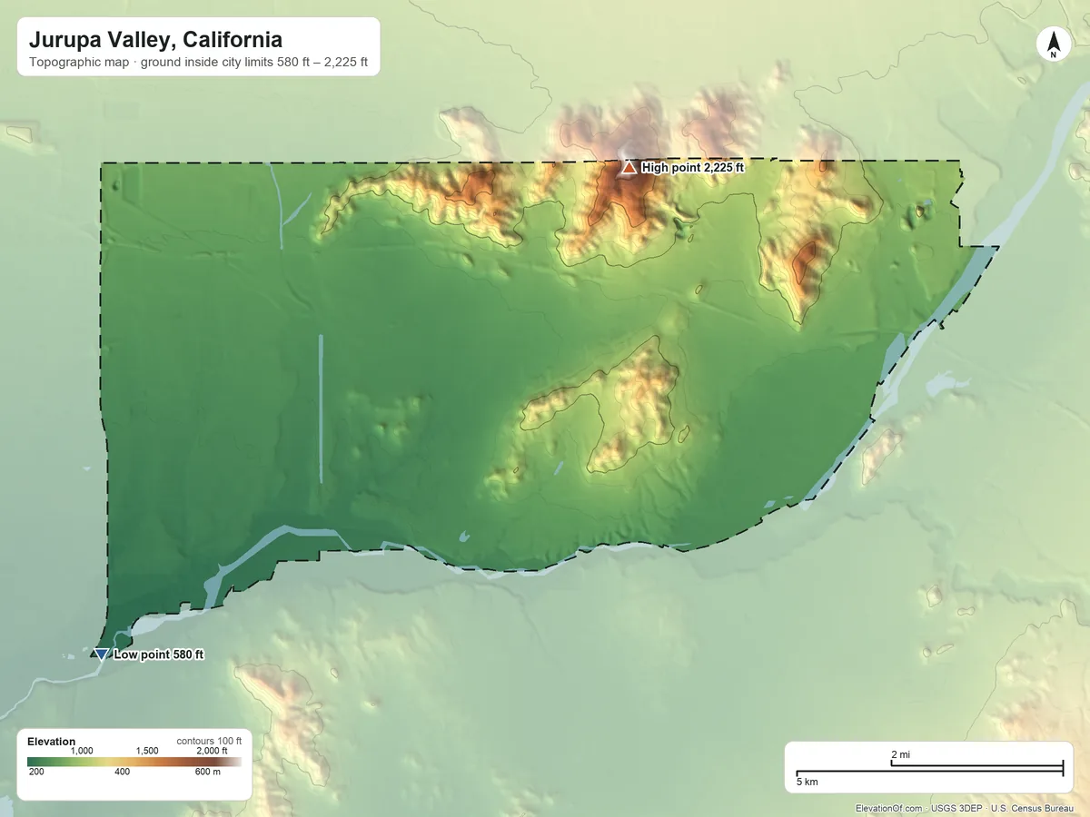 Topographic elevation map of Jurupa Valley, California, shaded from 580 ft on the southwest side to 2,225 ft on Mount Jurupa