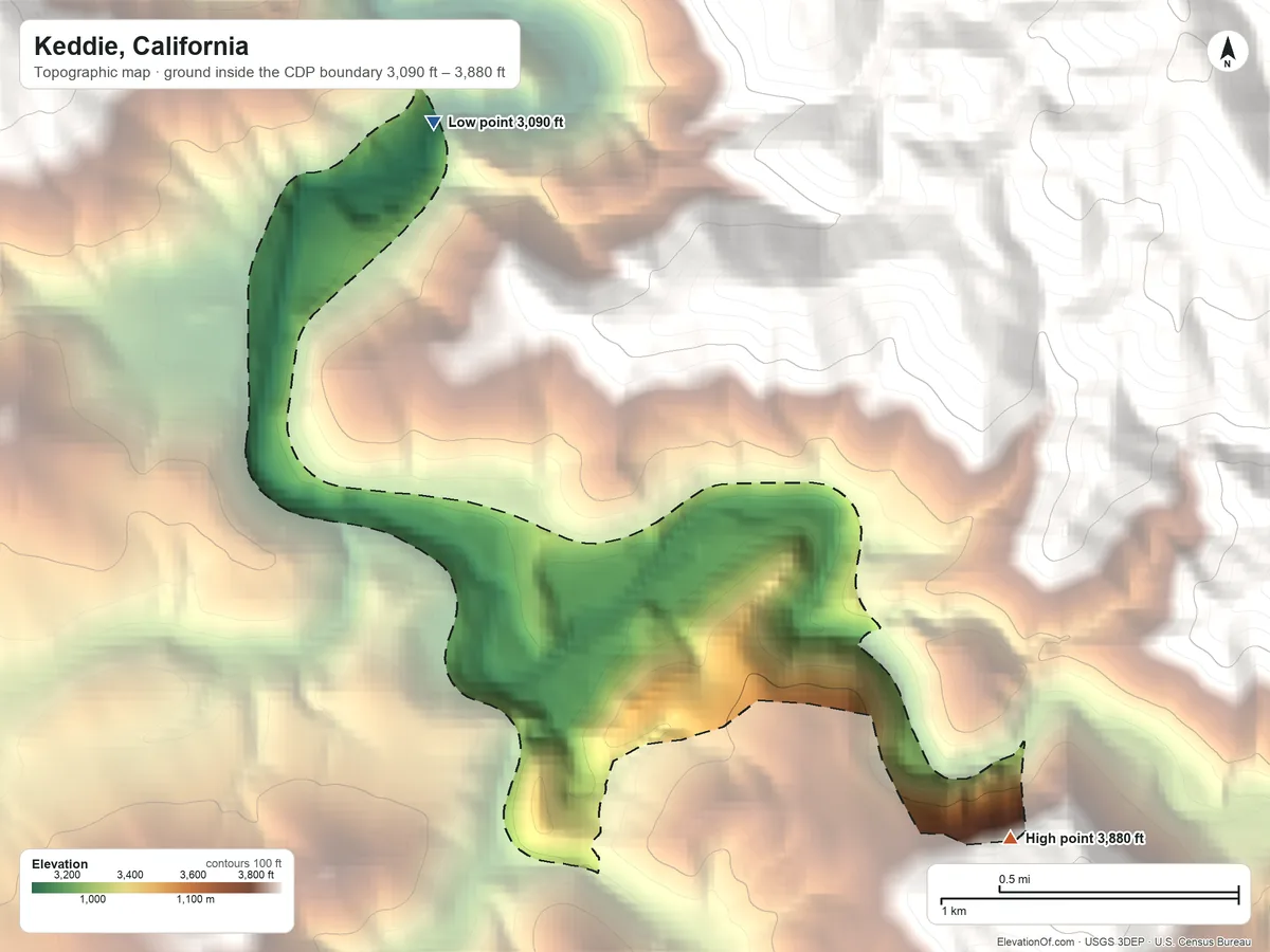 Topographic elevation map of Keddie, California, shaded from 3,090 ft on the northwest side to 3,880 ft on the southeast edge, below higher ground just outside