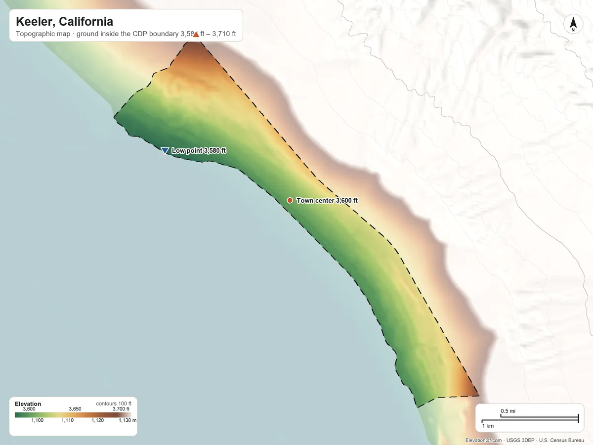 Topographic elevation map of Keeler, California, shaded from 3,580 ft on the west side to 3,710 ft at the foot of the Nelson Range
