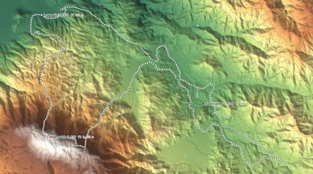 Topographic elevation map of Keene, California, shaded from 1,970 ft on the northwest side to 6,810 ft on the west side