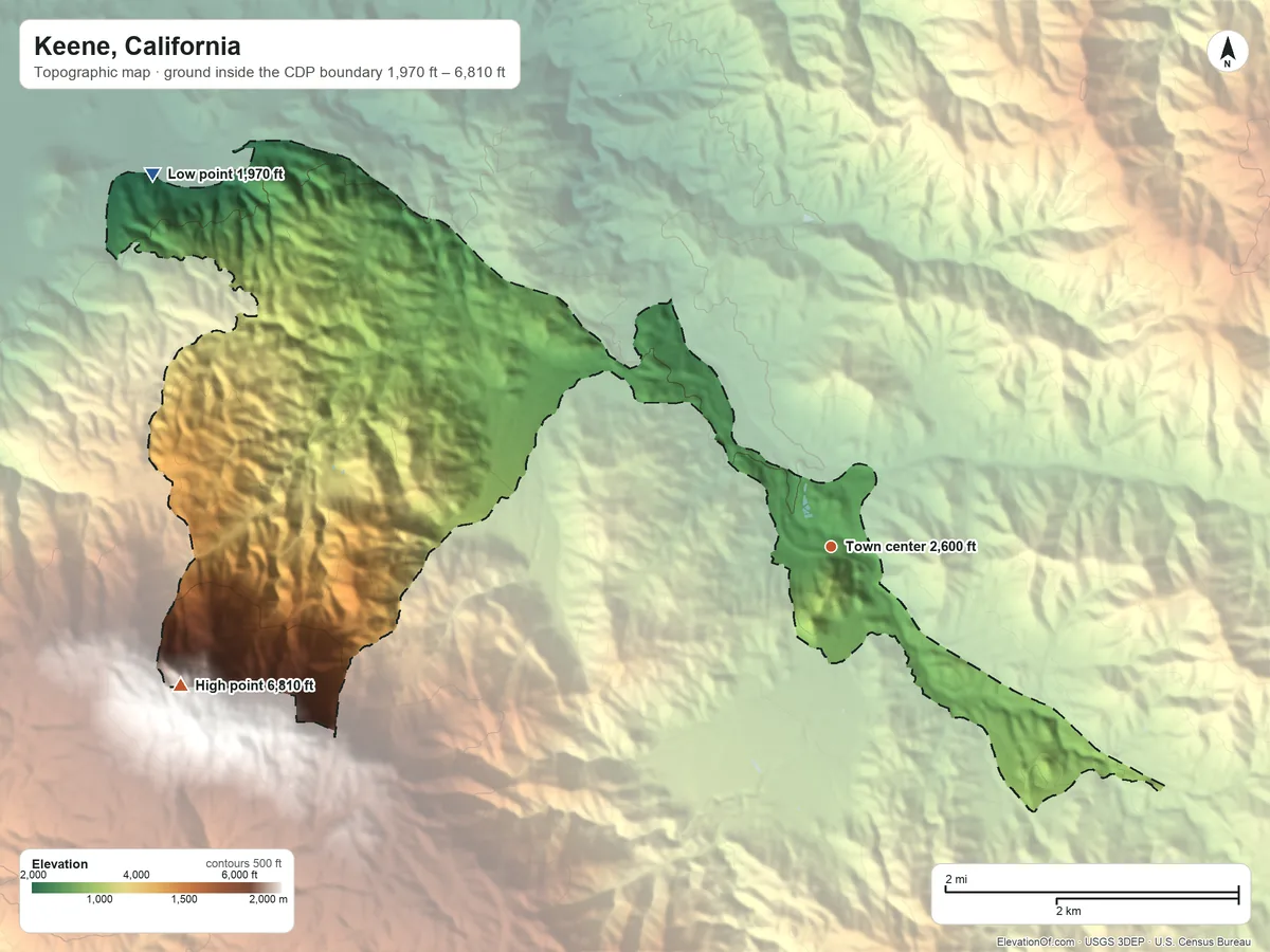 Topographic elevation map of Keene, California, shaded from 1,970 ft on the northwest side to 6,810 ft on the west side