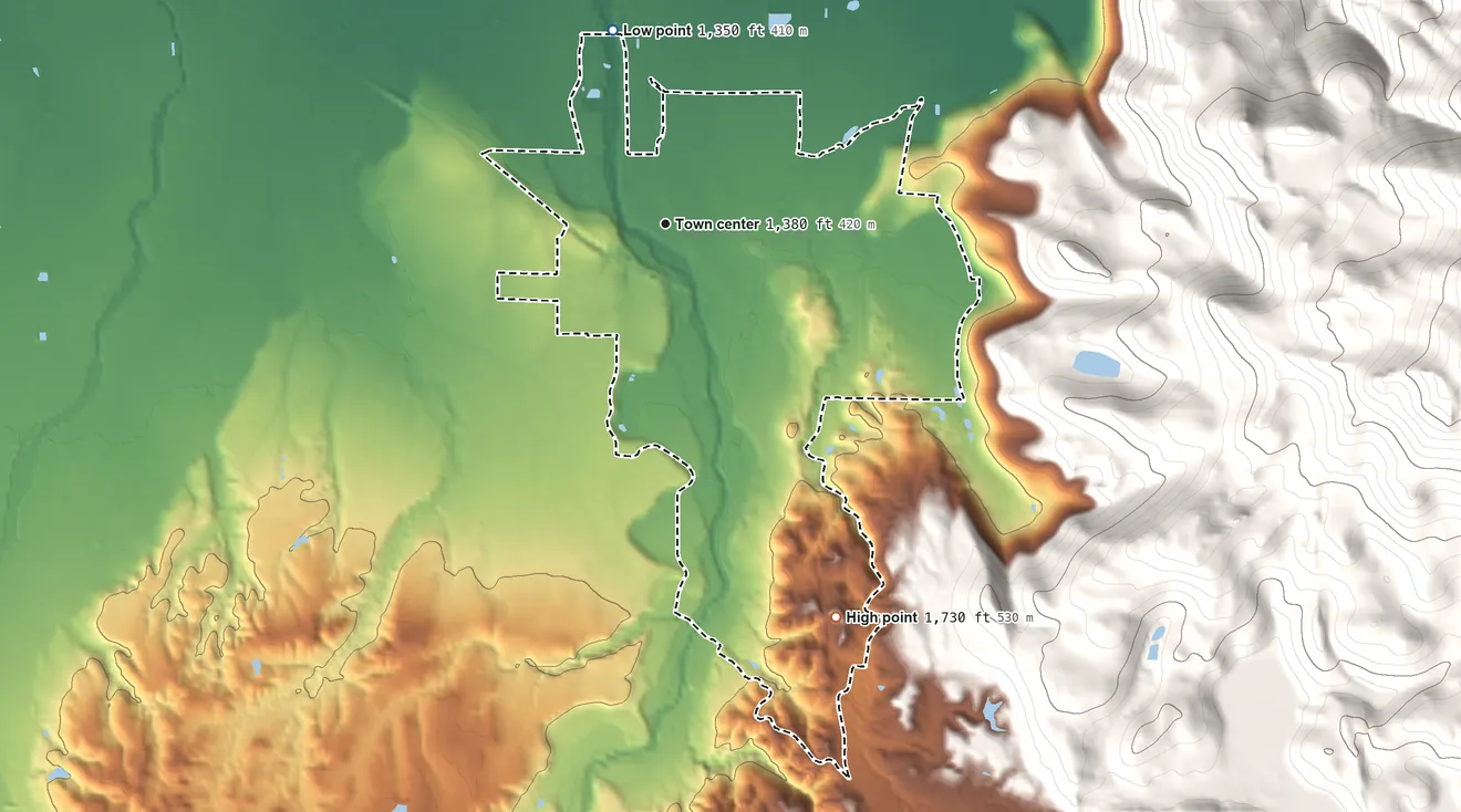 Topographic elevation map of Kelseyville, California, shaded from 1,350 ft on the north side to 1,730 ft on the southeast edge, below higher ground just outside