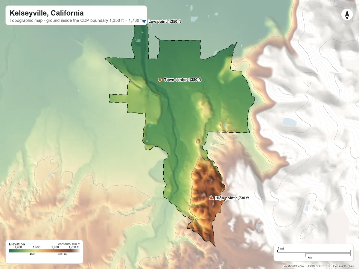 Topographic elevation map of Kelseyville, California, shaded from 1,350 ft on the north side to 1,730 ft on the southeast edge, below higher ground just outside