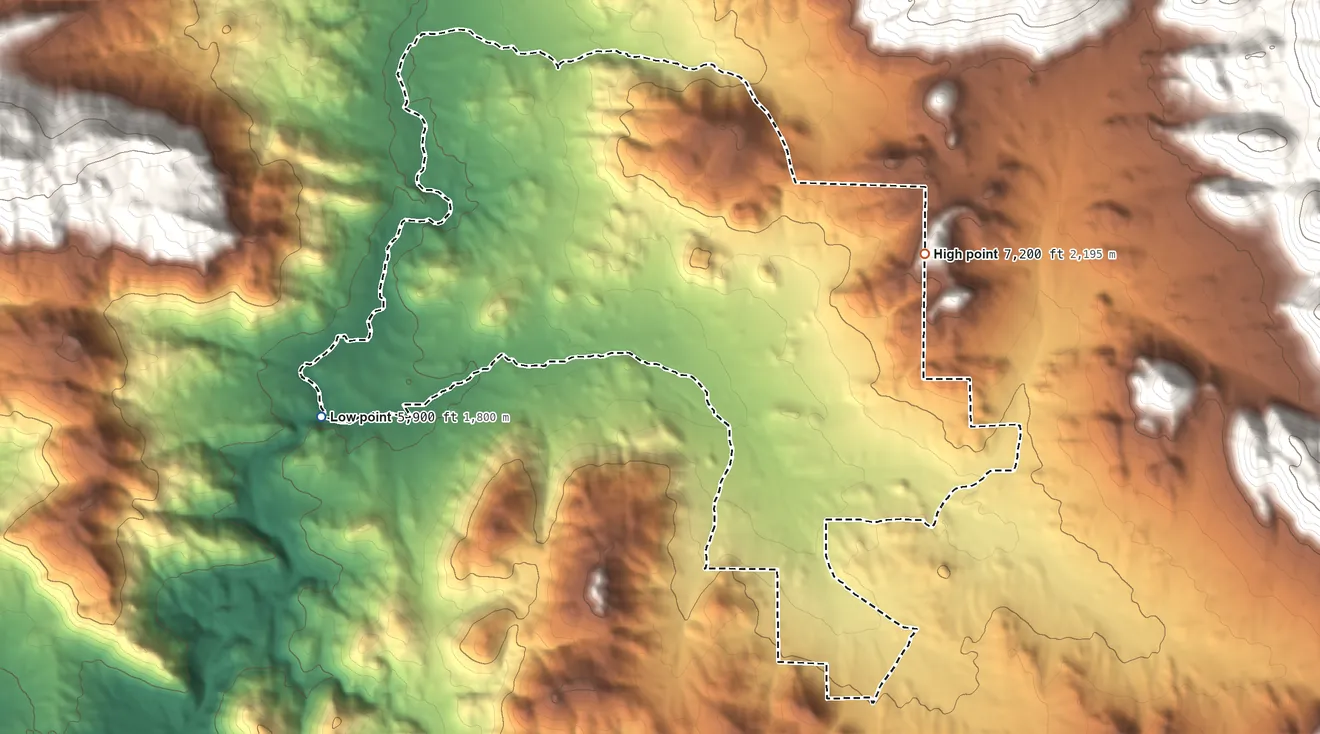 Topographic elevation map of Kennedy Meadows, California, shaded from 5,900 ft on the west side to 7,200 ft on the east edge, below higher ground just outside