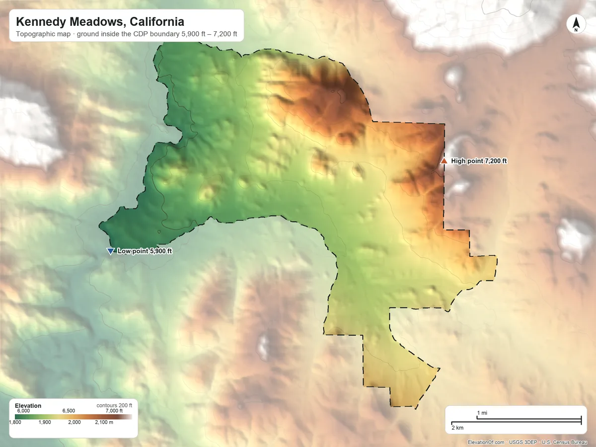Topographic elevation map of Kennedy Meadows, California, shaded from 5,900 ft on the west side to 7,200 ft on the east edge, below higher ground just outside