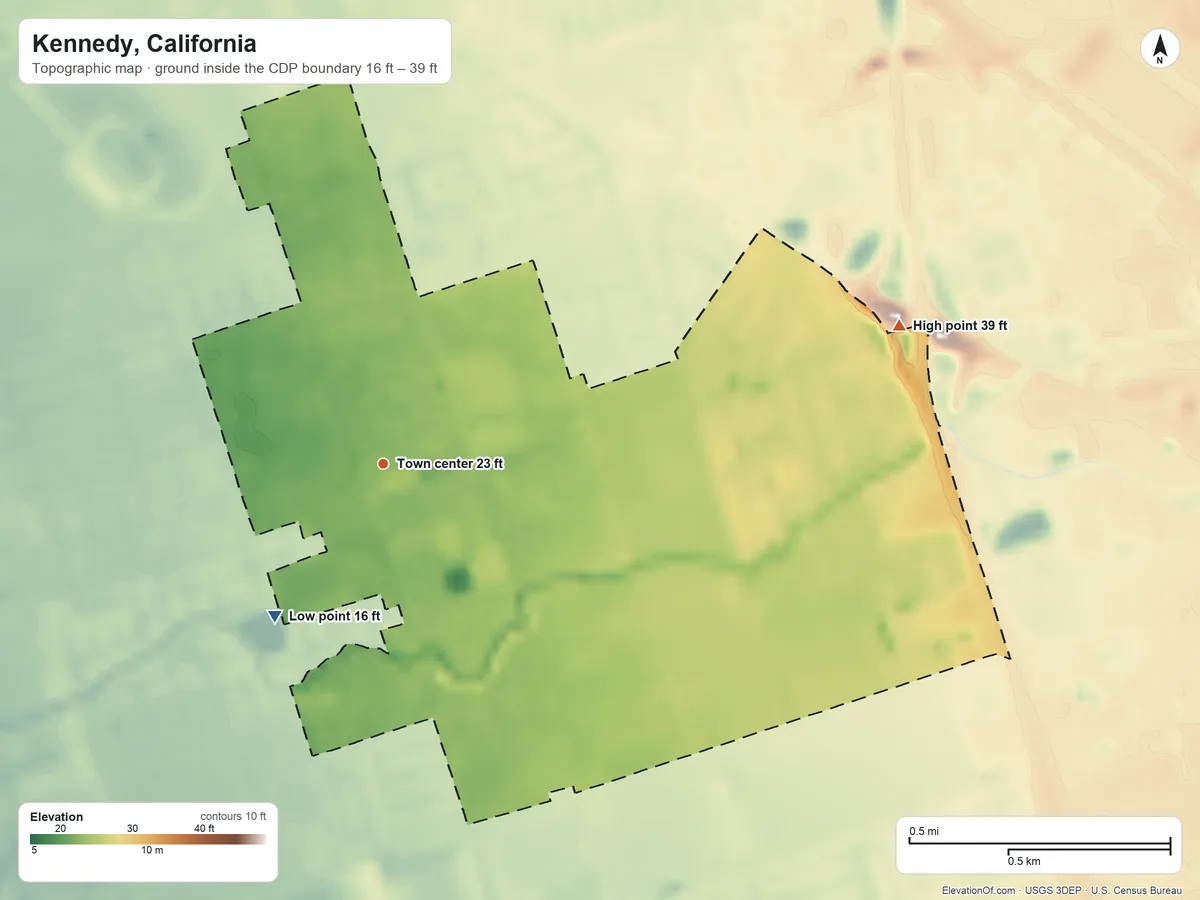 Topographic elevation map of Kennedy, California, shaded from 16 ft on the southwest side to 39 ft on the east side