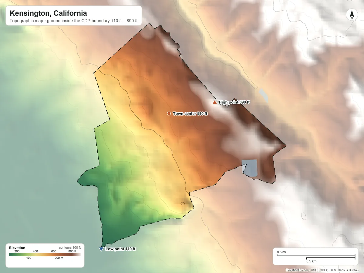 Topographic elevation map of Kensington, California, shaded from 110 ft on the southwest side to 890 ft at the foot of the Berkeley Hills