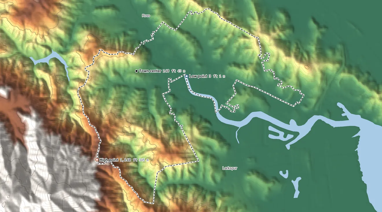 Topographic elevation map of Kentfield, California, shaded from 3 ft on the east side to 1,140 ft on the southwest edge, below higher ground just outside
