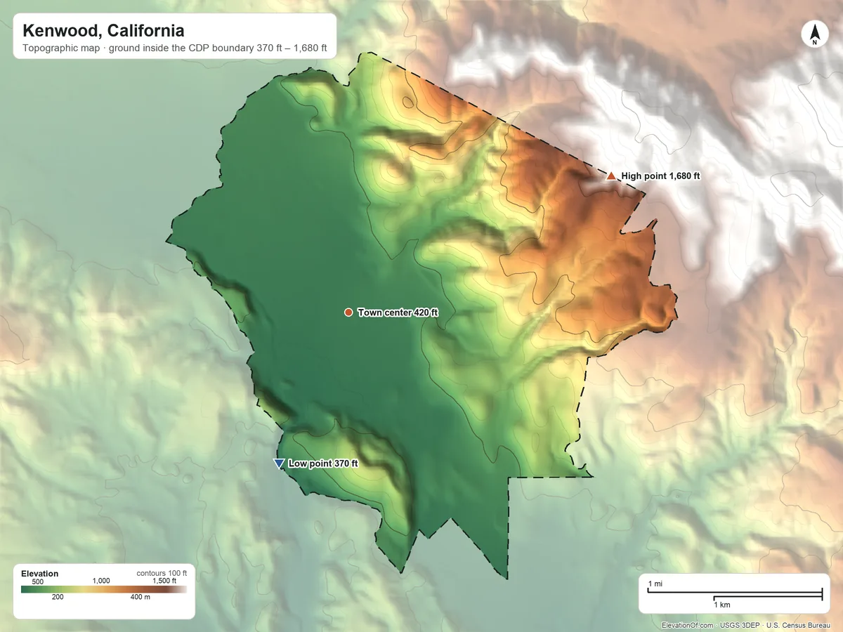 Topographic elevation map of Kenwood, California, shaded from 370 ft on the southwest side to 1,680 ft at the foot of the Sonoma Mountains