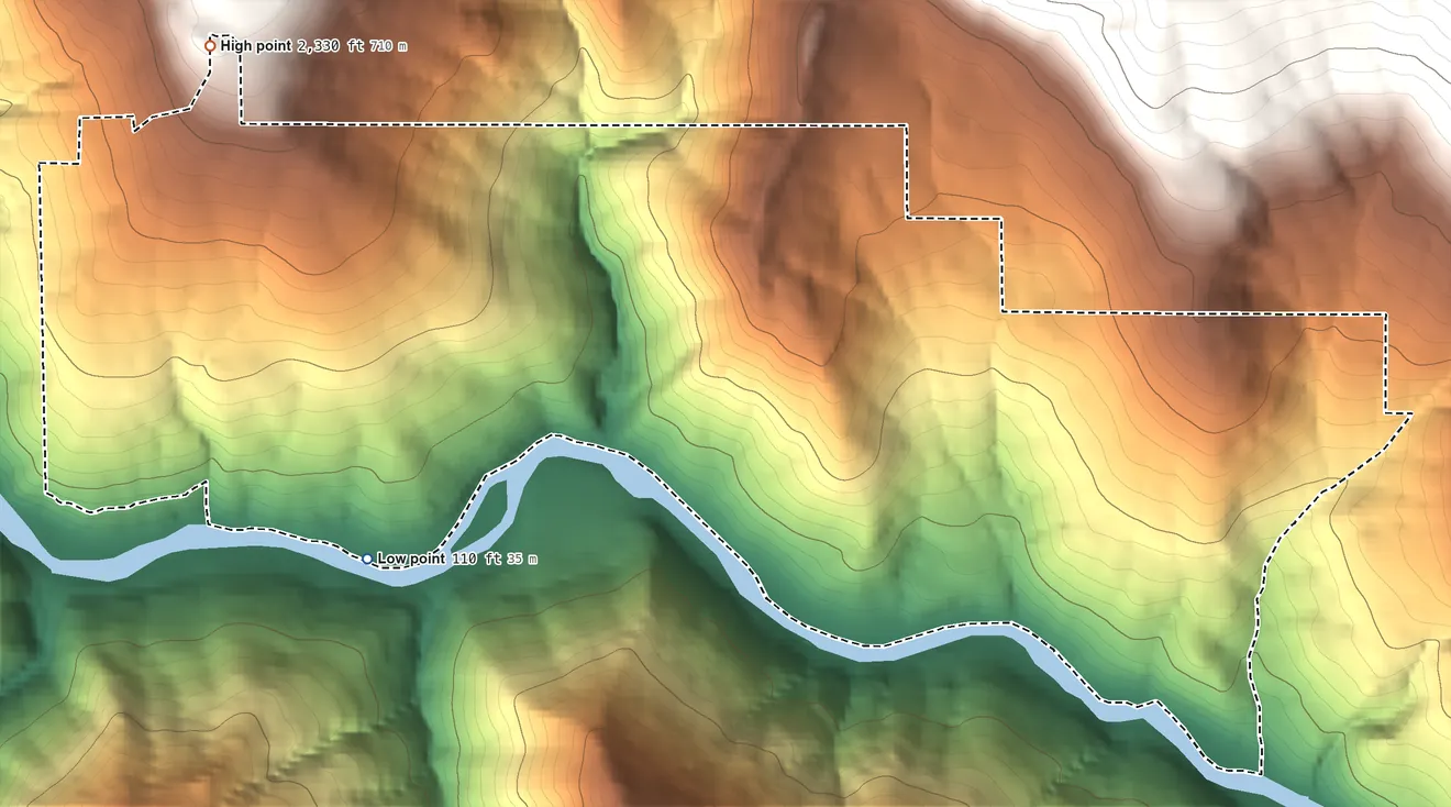 Topographic elevation map of Kep'el, California, shaded from 110 ft on the southwest side to 2,330 ft at the foot of the Shelton Buttes