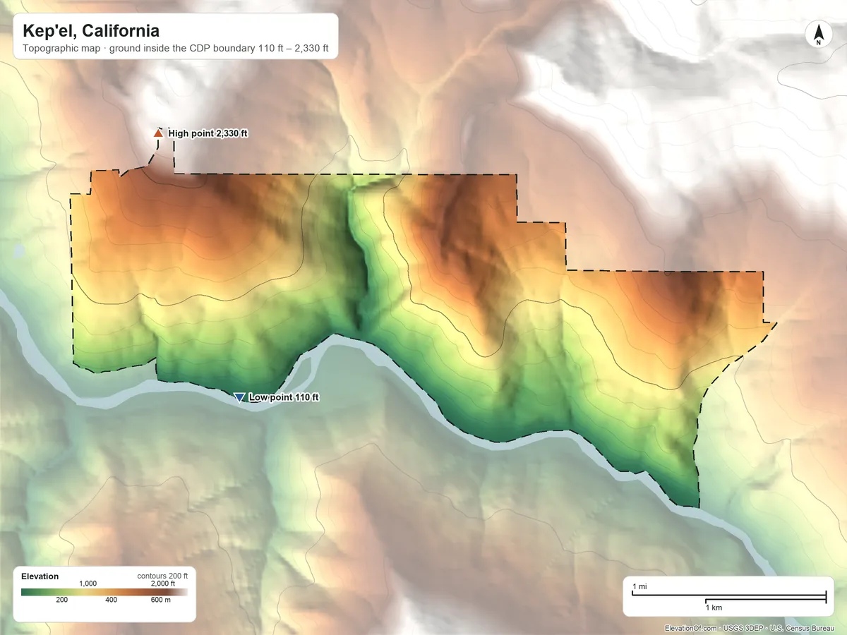 Topographic elevation map of Kep'el, California, shaded from 110 ft on the southwest side to 2,330 ft at the foot of the Shelton Buttes