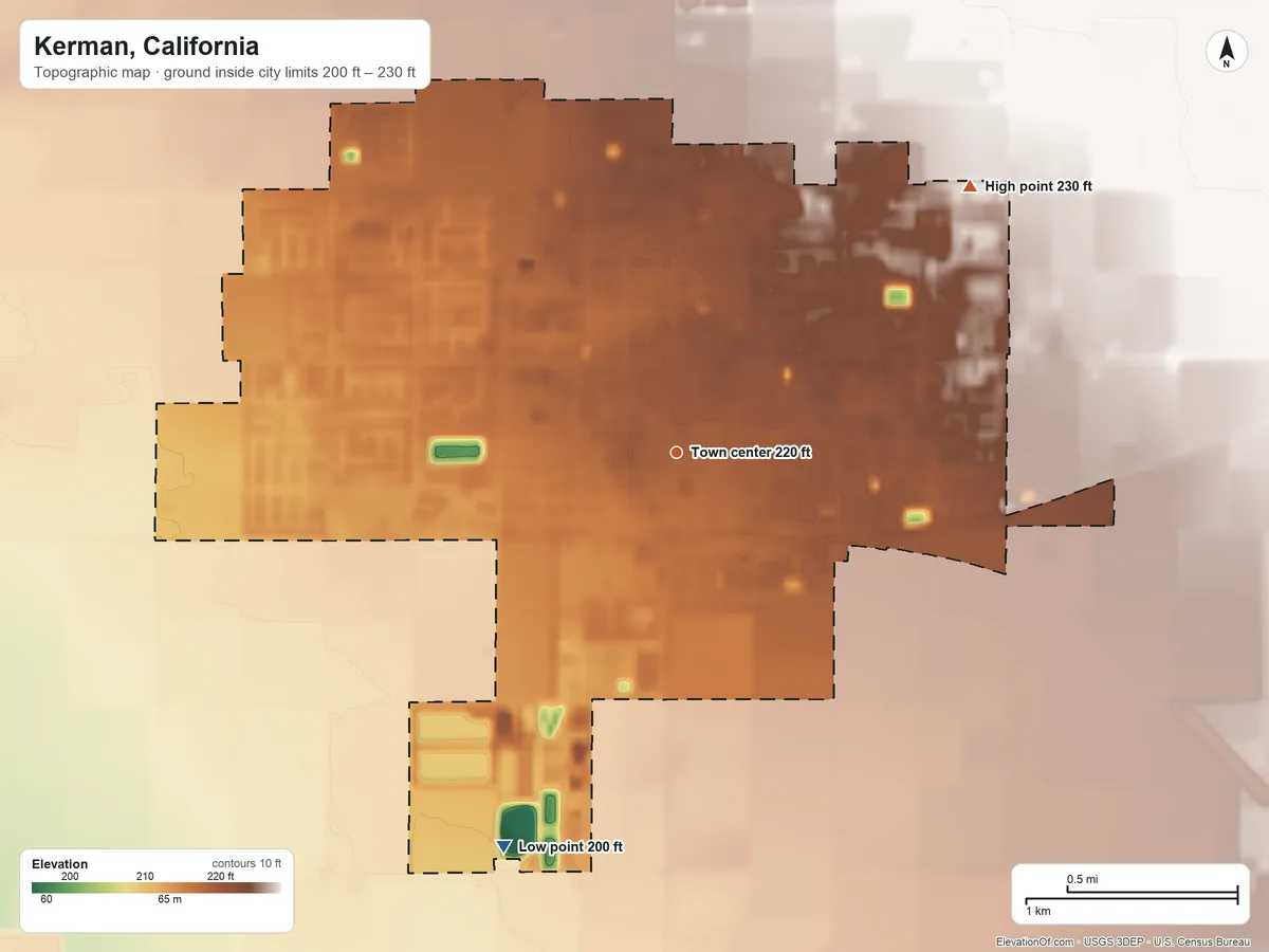 Topographic elevation map of Kerman, California, shaded from 200 ft on the southwest side to 230 ft on the northeast side