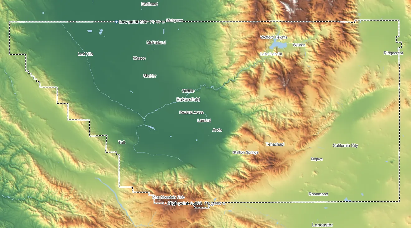 Topographic elevation map of Kern County, California, shaded from 200 ft on the northwest side to 8,800 ft on the southwest side