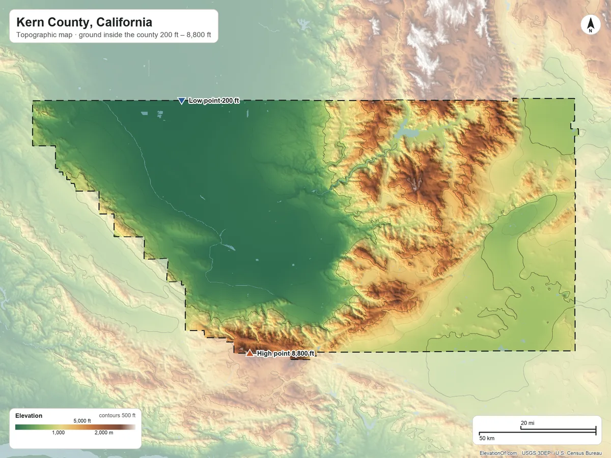 Topographic elevation map of Kern County, California, shaded from 200 ft on the northwest side to 8,800 ft on the southwest side