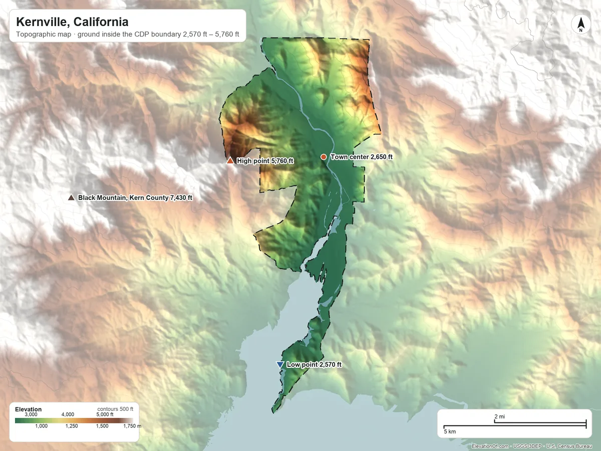 Topographic elevation map of Kernville, California, shaded from 2,570 ft on the south side to 5,760 ft at the foot of the Greenhorn Mountains