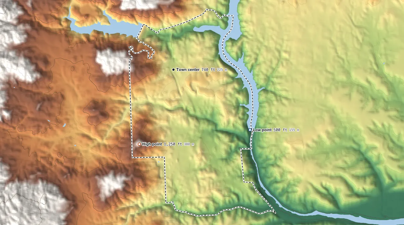 Topographic elevation map of Keswick, California, shaded from 500 ft on the southeast side to 1,250 ft on the southwest edge, below higher ground just outside