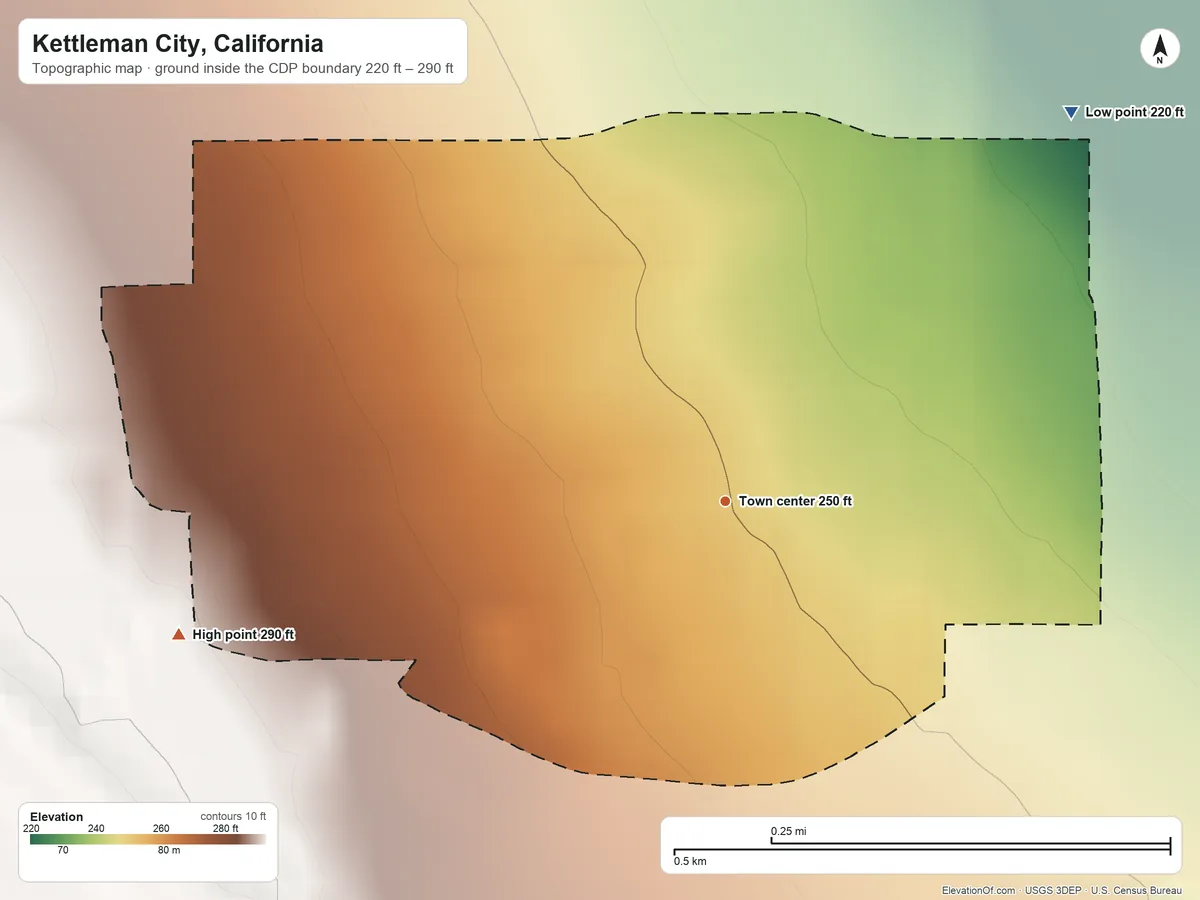 Topographic elevation map of Kettleman City, California, shaded from 220 ft on the northeast side to 290 ft at the foot of the Los Viejos