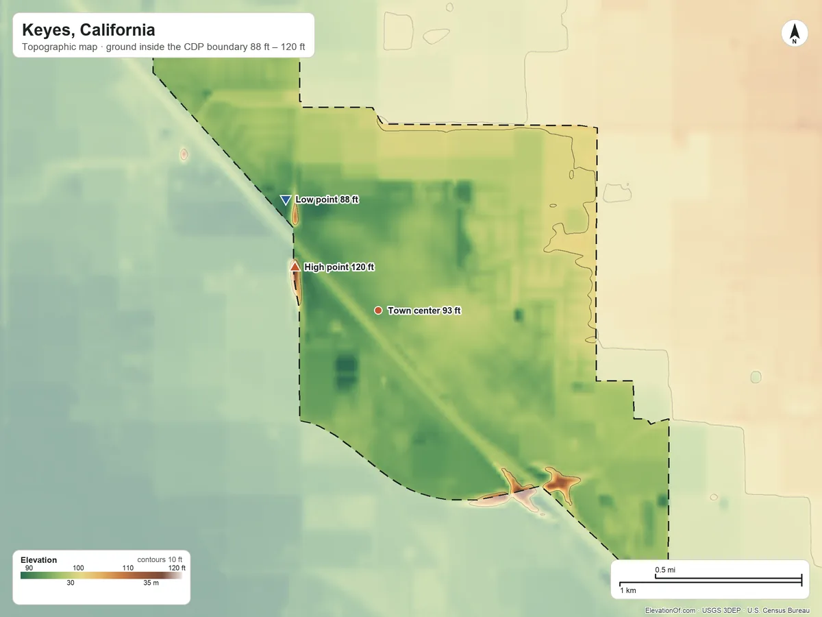 Topographic elevation map of Keyes, California, shaded from 88 ft on the northwest side to 120 ft on the northwest side